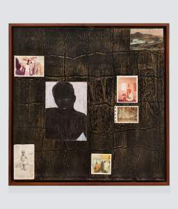 Silhouette am I is a square artwork with a silhouetted painted portrait, with 7 vintage photographs placed interstitially on a textured, dark, crackled background.