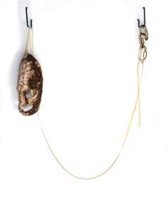 Know we are who can lead/must struggle (Ready) is a sculpture hanging on a white wall from two hooks. On one, a loose mask form made of intricate gridded seed beads in tones of brown, peach and gold hangs from a ribbon on the hood, which drapes over to the other attached to metal carabiner clips.