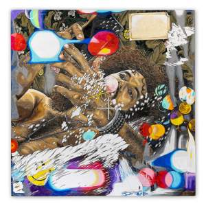 THROUGH THE SCOPE is a square painting with a dense field of imagery - at the center, a Black man with long curly hair reclines with a phone in his hands, with abstracted colorful shapes and flower patterns swirling around him.