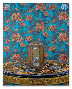MUST GO THROUGH is a painting depicting a mailbox emblazoned with the phrase “POST POST POST” alongside a sticker of the original Pony Express logo, on top of an intricate round table in front of a floral wallpaper. At the top corners are Bluetooth and WiFi symbols.