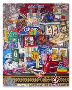 DIRECTOR'S CUT is a vertical painting of a dense and colorful assemblage of objects, logos, and images from popular culture filling the entire field, including a slinky, pink sunglasses, Wikipedia logo, DVD boxes in a Durex display, a L’oreal kids shampoo bottle, slot machine, and much more.