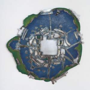Silvery lines outline a roughly square opening surrounded by bands of blue and green in this disk-like steel sculpture. Straight and curved lines create the impression of a view down onto a map or footprint, and silver silhouettes are spaced around the perimeter of the sculpture, which represents a 1524 bird's eye view and spherical map of the ancient city of Tenochtitlán built in the middle of Lake Texcoco by the Aztecs.
