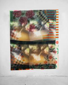 Images printed on sheer or translucent fabric are layered in a larger, vertically oriented rectangular composition, which is displayed on a white wall. Imagery includes brightly lit, splashing water amid plants and rocks, and striped or floral designs.