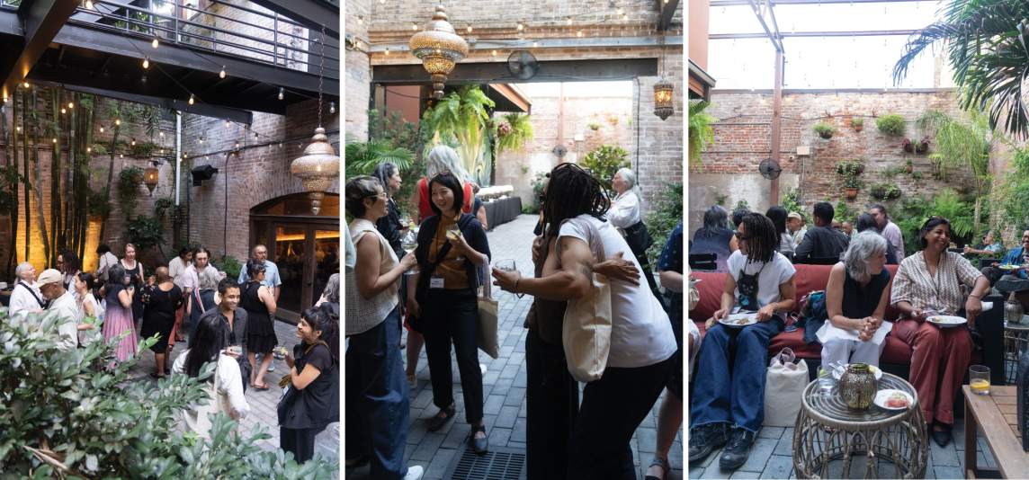 A montage of 3 photos show a group of people of various dress, age, and appearance at a cocktail hour in an outdoor patio area with exposed brick walls and lush plants. Groups of people gather in conversation with cocktails, others hug, and others laugh with dinner plates on a couch.