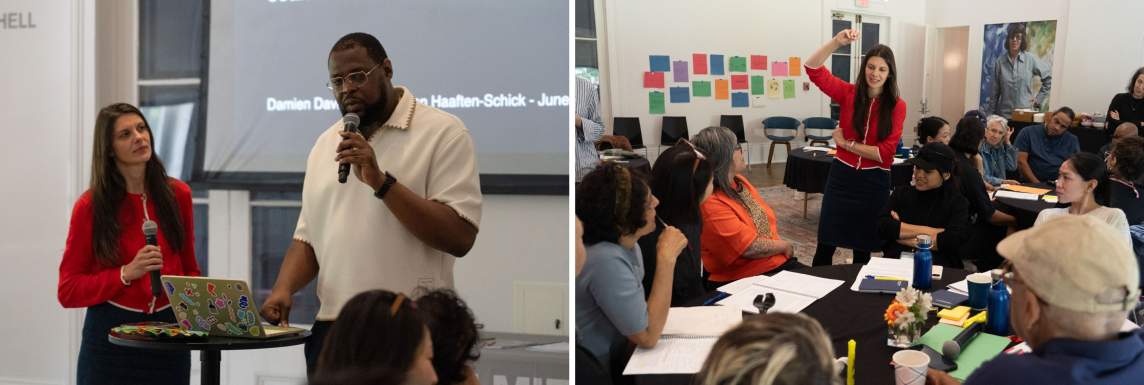 On the left, Lauren van Haaften-Schick holds a microphone, listening to Damien Davis next to her speak into a microphone. She is a woman with light skin tone and long brown hair, and wears a bright red cardigan and black skirt. Damien Davis is a taller Black man with short dark hair, beard and glasses, wearing a white knit collared shirt. In the 2nd photo Lauren smiles and gestures above her head with one hand, as a group of people gathered around a table face her.