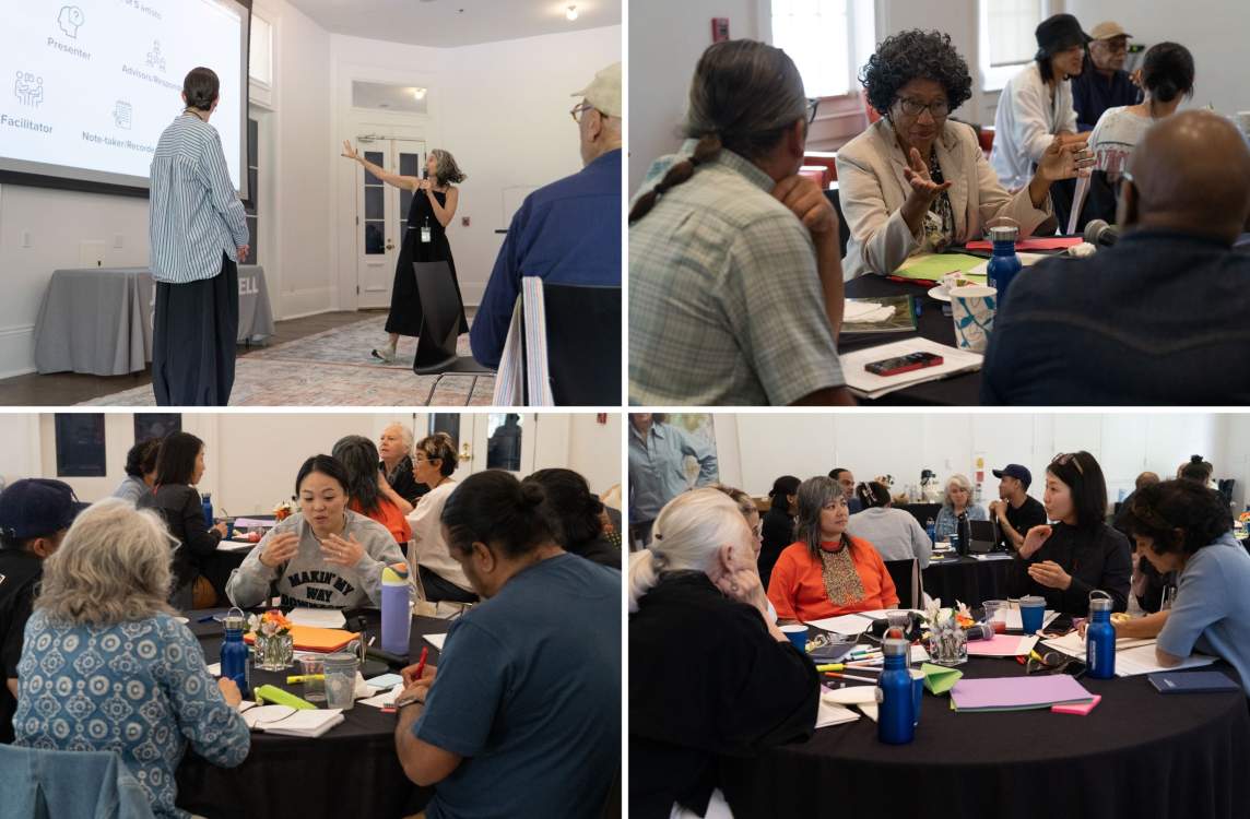 A montage of 4 photos show various discussions among artists at tables, gesturing and speaking to each other. At top left, a woman gestures towards a screen with icons labeled “Presenter, Facilitator, Advisor, Notetaker”