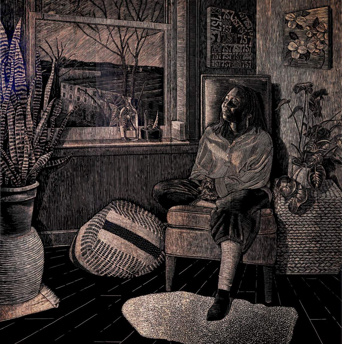 In “Flourish” a woman is seated in a chair gazing thoughtfully out the window at Baltimore row houses. She is framed by plants and artwork on the walls. The scene is illustrated by finely carved light lines and a black inked surface.