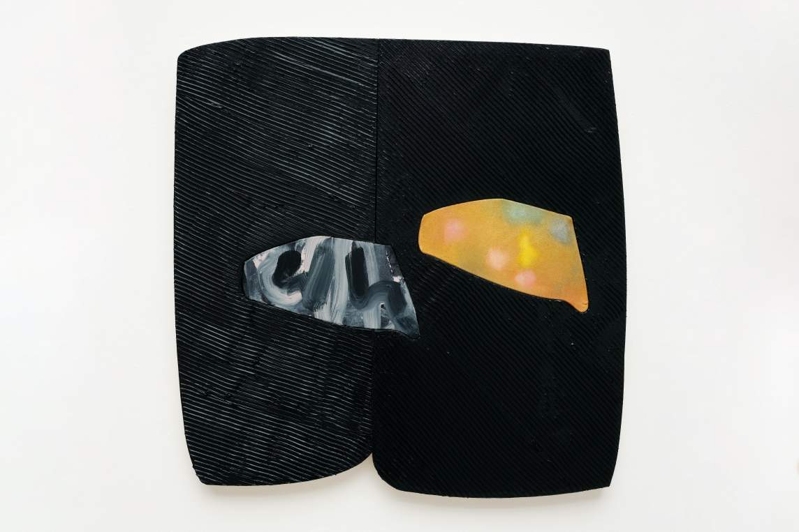 Night Swim, Don’t Let Go is an shaped abstract painting composed of a pair of black rounded rectangles, one with a linear texure. Two similarly shaped rounded polygons move across the surface, one with gestures of black and white paint, and the other in stippled color.