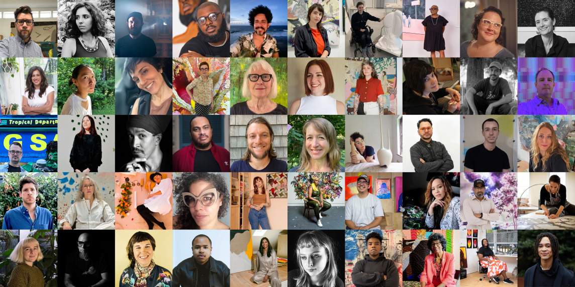 A grid of 50 photographs of people of varying age, appearance, and dress.