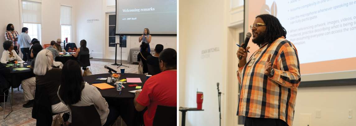 On left, over 20 people sit at round tables with black tablecloths in a bright room. Solana Chetman, an Latina woman with curly grey hair and blue outfit stands at the front with a screen reading “Welcoming Remarks”. On right, Solomon Matthews, a Black man with thin shoulder length dreadlocks and a beard,  wears glasses and an orange plaid shirt, speaks into a microphone.