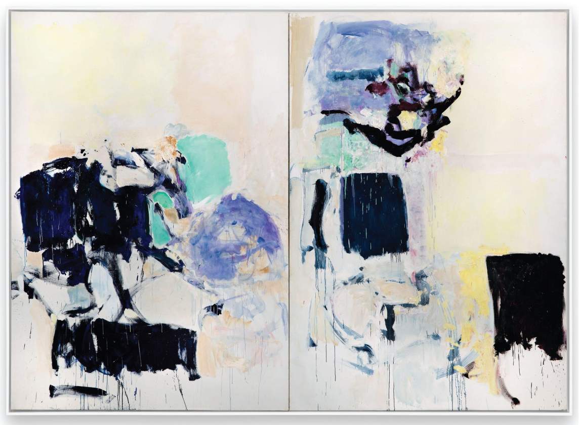 Preface for Chris is an abstract diptych painting, with bold dark shapes, pastel lavender, green, and yellow areas, and textured brushstrokes on a light muted background.