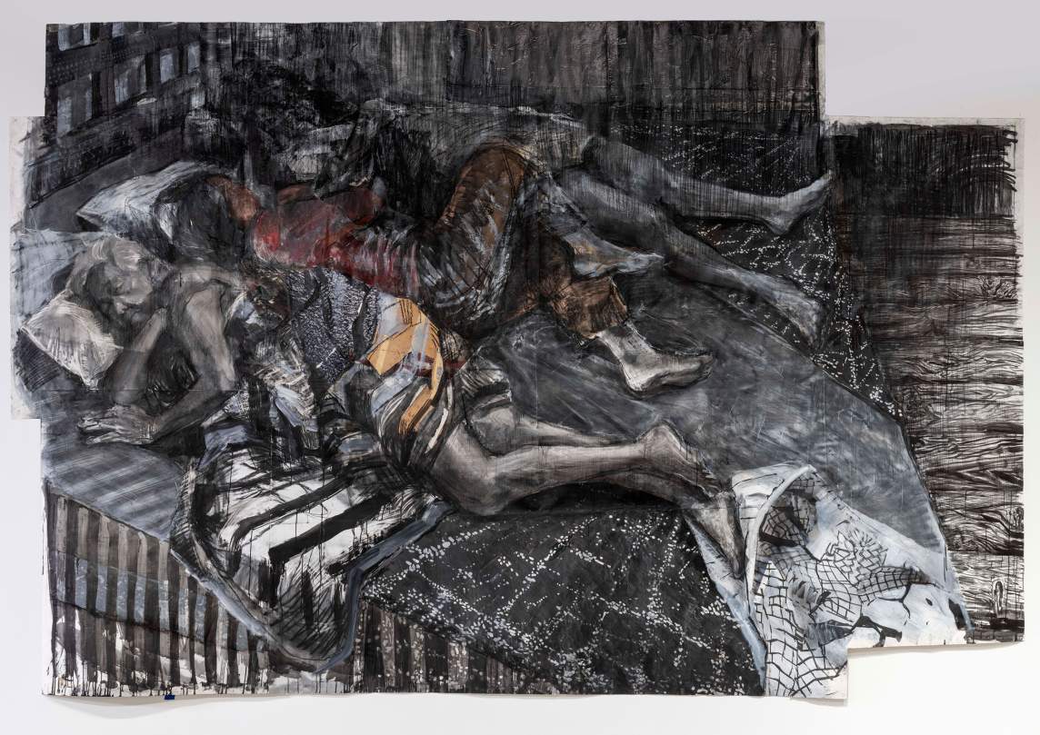 “Without” depicts three figures lying asleep in bed - an older person on the left, then a younger woman in the middle, and an indirect figure on the end. Heads on pillows, they lay on top of tangles of blankets. The composition is largely in black and white, except for the middle figure who has a red shirt, brown panda and peach skin. The color on her seems to bleed onto the blanket of the older person nestled against her.