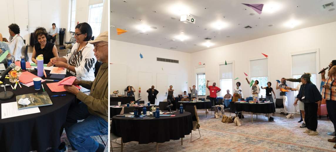 On left, several people of various appearances fold construction paper with writing into paper airplanes. On right, in a large bright room, the group of people gather around the edge of the room, and paper airplanes of many colors sail through the air.