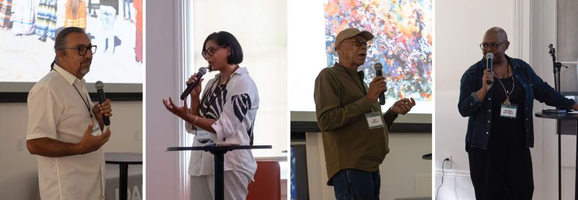 A montage of 4 artists speaking into microphones. From left, Gerald Clark, a citizen of the Cahuilla Band of Indians, has a medium skin tone and a salt-and-pepper goatee, and his hair is pulled back and wears glasses; Rupy C. Tut, an Indian-American woman with medium skin tone and dark chin length hair, wearing a white shirt with swashes of black patterning; Bob Dilworth, a Black man with medium skintone wearing a baseball hat and glasses; and Michaela Pilar Brown, a Black woman with a shaved head wearubg chunky black glasses, and dark clothing.
