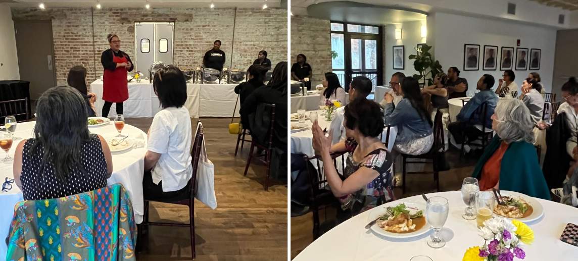 Two photos show a person in a red apron in front of a buffet speaking to a group of over 30 people gathered at various dinner tables. In the 2nd photo, the group is clapping for the speaker.