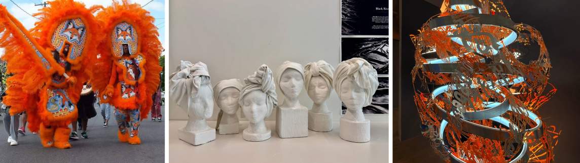 3 artwork photos including: two people in orange feathered and beaded suits with elaborate headdresses, six white plaster busts with head wrappings that range from simple cloths tied at the nape of the neck to twisted, turban-like shapes, and a sculpture composed of a tangle of silver words, coral-orange musical notation, and metal spiraling rings create a roughly beehive-shaped shape