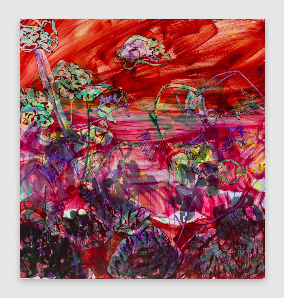 Pregnancy is a nearly square abstract painting with bold red and pink background composed of broad, transparent strokes, featuring swirling, outlined floral shapes and layered brushstrokes in green, purple, and blue tones.