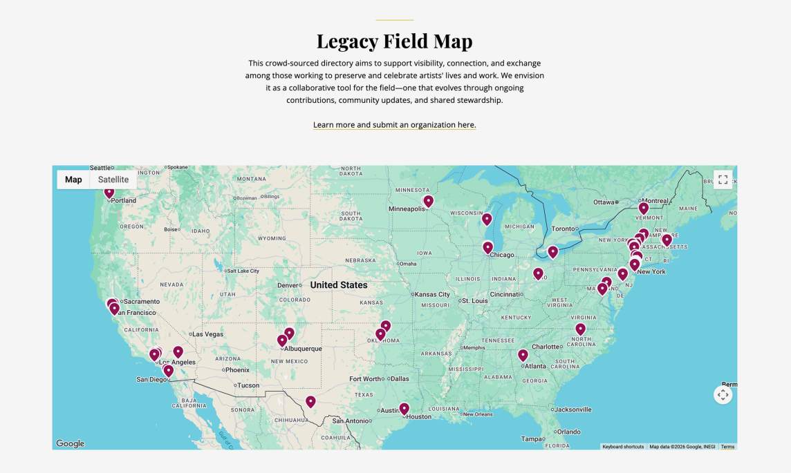 A map of the continental USA with 100+ map markers dotted around the country