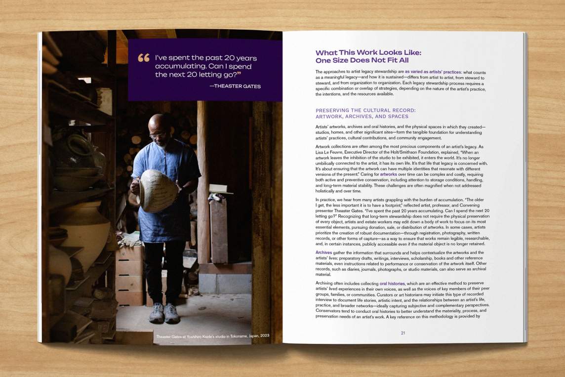 An open book on a light wood grain table. On the left page is a photo of artist Theaster Gates, a Black man with a shaved head holding pottery in a darkened studio. Text on the right page begins "What this work looks like: one size does not fit all".