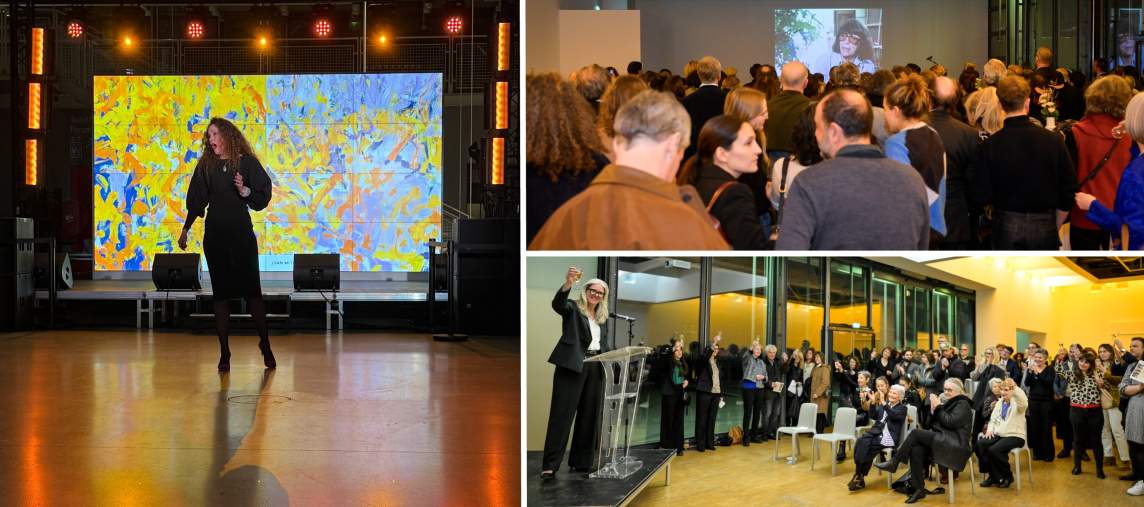 On left, a woman with light skin tone and curly blonde hair sings opera in front of a projected image of a colorful abstract painting. On right, a crowd of people talk and gather in front of a projection of Joan Mitchell, and below, Christa Blatchford, a white woman with glasses and long grey hair, raises a toast with a crowd of people.
