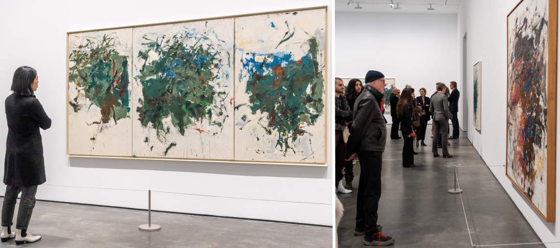 2 photos: on left a person regards a 3 panel abstract triptych painting with a central green form on each panel. On right, many people are in a large gallery space looking at abstract paintings.