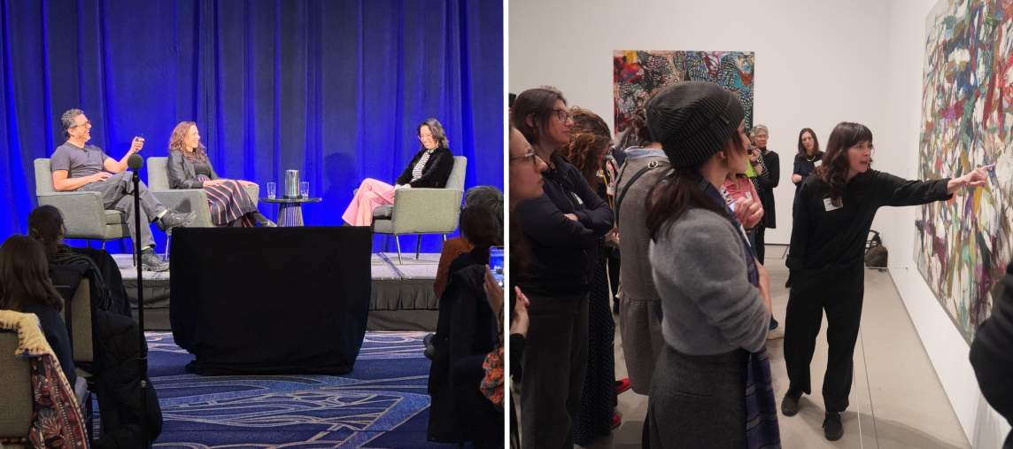 On left, seated on a stage in front of a blue curtain, Josh Franco, a latino man with light skin tone, and Charlotte Ickes, a woman with light skin tone and curly brown hair interview Wendy Red Star, an Apsáalooke woman with light skin tone, long dark hair and glasses.