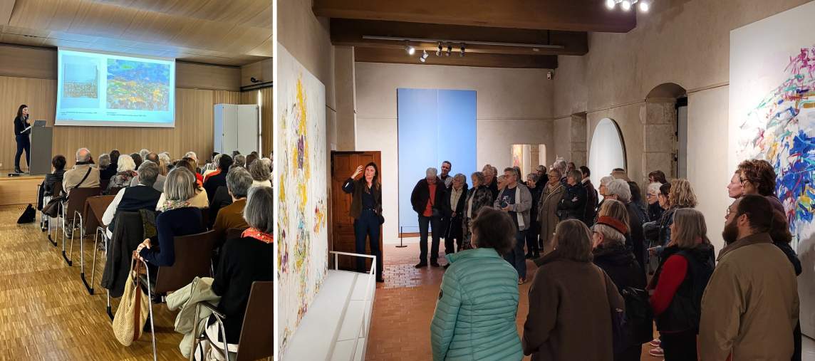 On left, Mara Hoberman, a white woman with light skin tone and long brown hair, speaks from a podium to a seated audience in front of a projected image of two paintings. On right, Mara Hoberman speaks to a group of people in a stone walled gallery, gesturing towards an abstract painting.