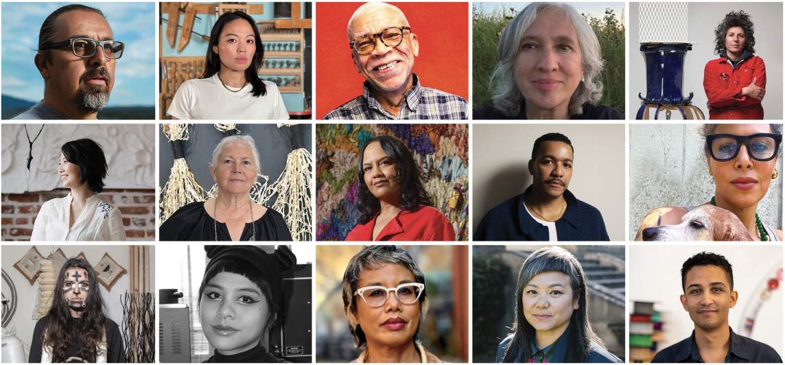 A photo montage of 15 artist portraits of various appearance, age, and dress.