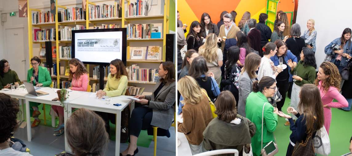 On left, 5 women with light skin tone sit at a table - a woman wearing glasses and a green blazer speaks into a microphone, and bookcases line the wall behind them. On right, a large group of people in mixed conversations drink wine in a brightly colored room.