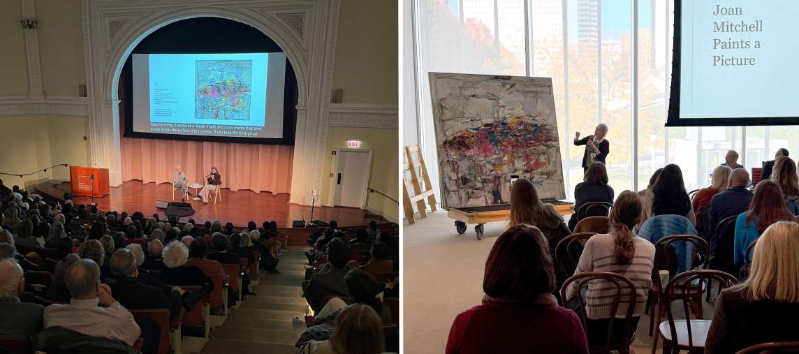 On left, In a large lecture hall filled with guests, two women sit on a stage in conversation beneath a projection of a square abstract painting. On right, the same large square abstract painting sits on a rolling dolly platform, as a white woman with grey hair, wearing glasses and dark clothing gestures towards a detail in the painting in front of seated audience.