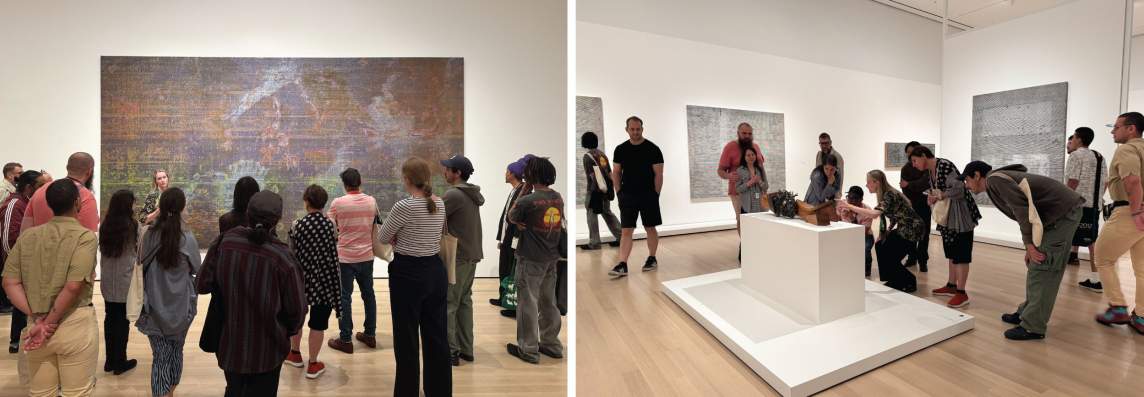 Two photos show groups of people observing large abstract artworks by Jack Whitten in a modern art gallery with white walls and wooden floors.