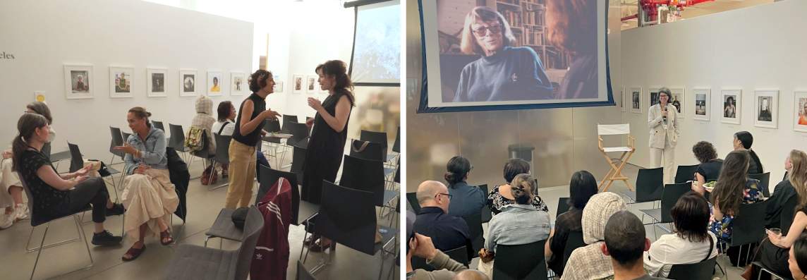 Two photos: on left, pairs of women drink wine and talk amongst rows of chairs. On Right, Sarah Roberts, a white woman with grey-black hair and glasses in a linen suit speaks into a microphone in front of a projection of Joan Mitchell, with people looking on.