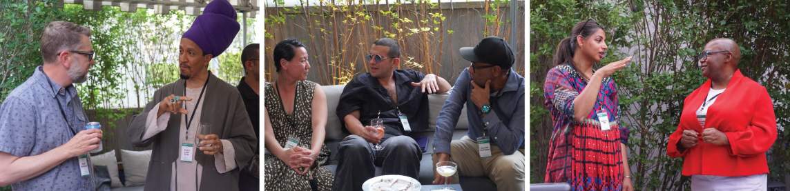 3 photos of pairs of people of various age and appearance talking with each other.