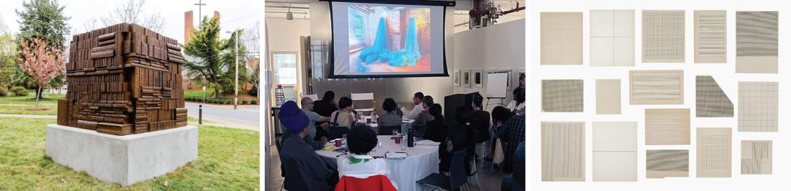 3 photos, from left, a cube shaped bronze sculpture made of books, then a room of people looking at a projected artwork of tulle waterfalls, then a collection of papers with grids on them.