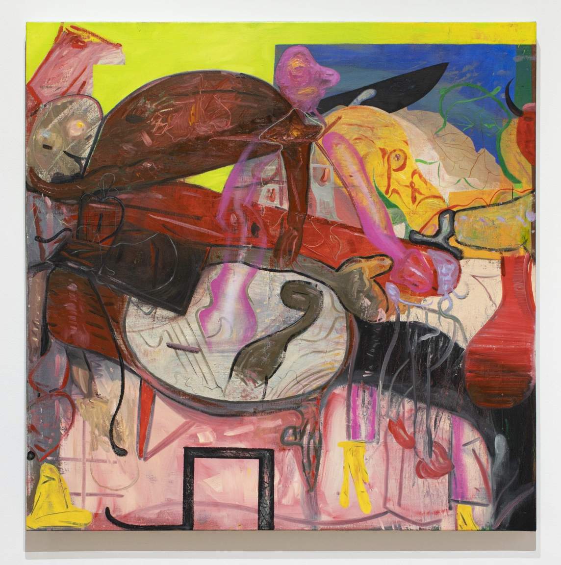 Tables and Chairs is a square painting with abstracted forms that suggest figurative elements and furniture. The color palette includes neon green, pink, red, white, blue brown and other hues.