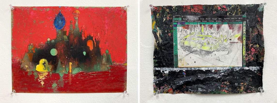 On left, A mixed media drawing of an imagined island city rendered in washy color amidst a red sea and sky. On right, On a small sheet of paper with textured paint applied, a drawing of a futuristic city is rendered in pen and crayon within the frame of computer spreadsheet interface. We see words like "Worksheet" "Range" "System" and Print" on the top toolbar and numbers on the left side of the page.