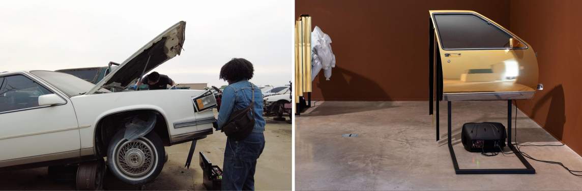 A composite photo: on the left, In a junk car lot on a cloudy day, two people are scrapping parts from a white 1987 Cadillac Sedan de Ville with its hood open. On the right: A sculptural art installation in a gallery with concrete floors and brown walls includes the door of an old Cadillac, wrapped in gold car wrap and displayed on a stand, with a projector resting underneath.