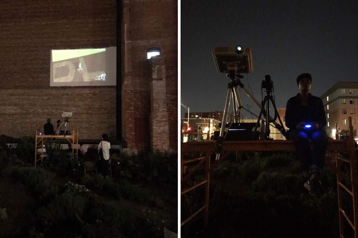 A composite image from Ash Arder’s project, hope ur well. On the left is a night view of an old brick building with a projector displaying the Farming Simulator video game on its wall, beside some foliage and a person operating the projector. In the photo on the right, a person sits on a rooftop at night with a telescope and camera on tripods, illuminated by a glowing blue projector light, with city buildings in the background.