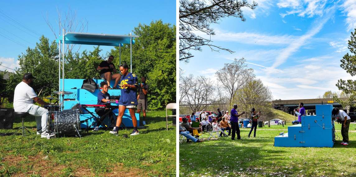 A composite photo of two views of a vibrant outdoor music scene with musicians performing on a small stage powered by a solar generator, surrounded by lush greenery under a clear sky. Various onlookers watch in dappled light, some sitting on chairs, others standing and chatting.