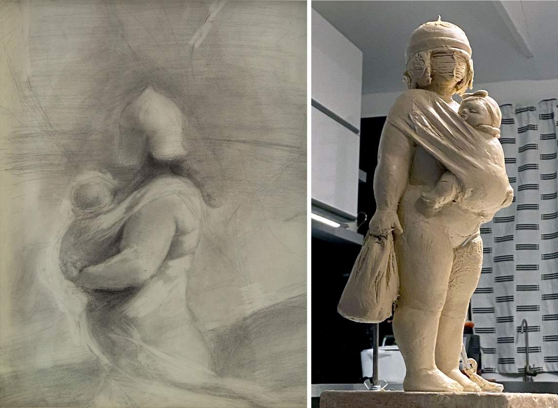 Left: A sketchy drawing of a female form striding sideways, clutching an infant in a fabric wrap that swirls around her body. The woman's face is obscured and she wears a pointed hat reminiscent of medieval armor. Right: A clay maquette of a female form wearing an infant in a fabric wrap. The woman's face is obscured by grill lines. She wears a pointed hat and carries a bag in one hand.
