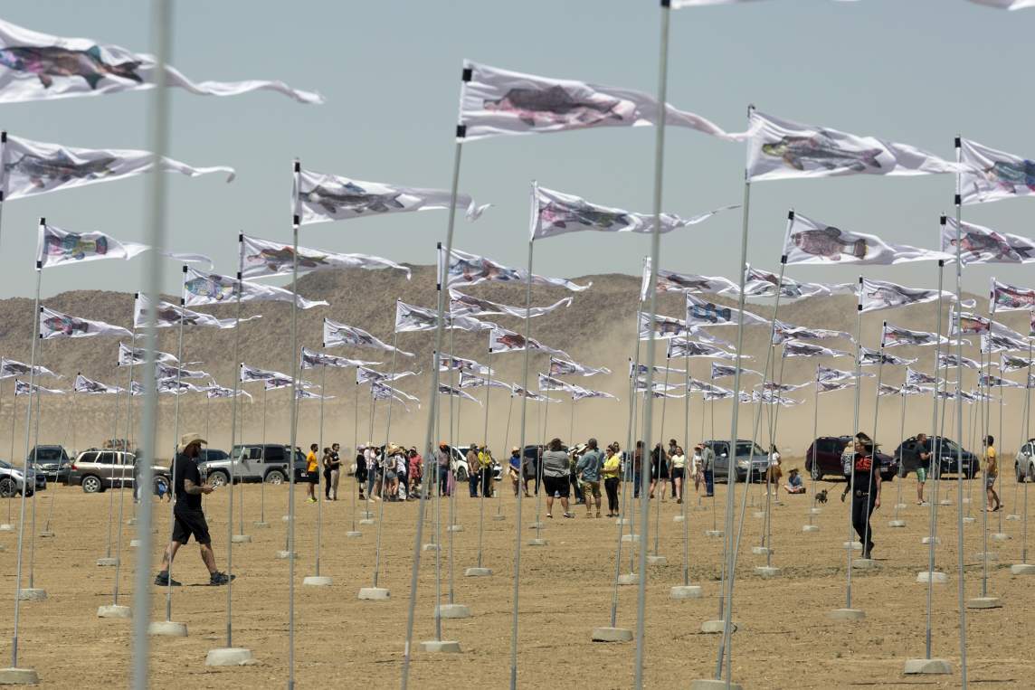 Earth Memory is an environmental art installation with hundreds of triangular banner flags whipping in the wind on silver poles in a dry lakebed in Joshua Tree, CA, with people walking around the installation. Each flag has an image of a pre-historic fish.