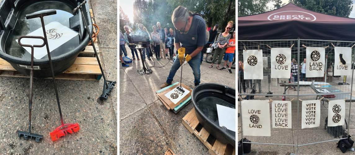 The first of three photos shows long-handled brands leaning against a tub of water, in which a piece of paper marked with a circular, geometric design floats. In the next image, the artist wears thick gloves as he presses a hot brand reading “Back” onto a piece of paper. To the right, eight sheets of paper are branded with the words “Love,” “Land,” “Back,” and “Vote” in various combinations with and without the circle design.