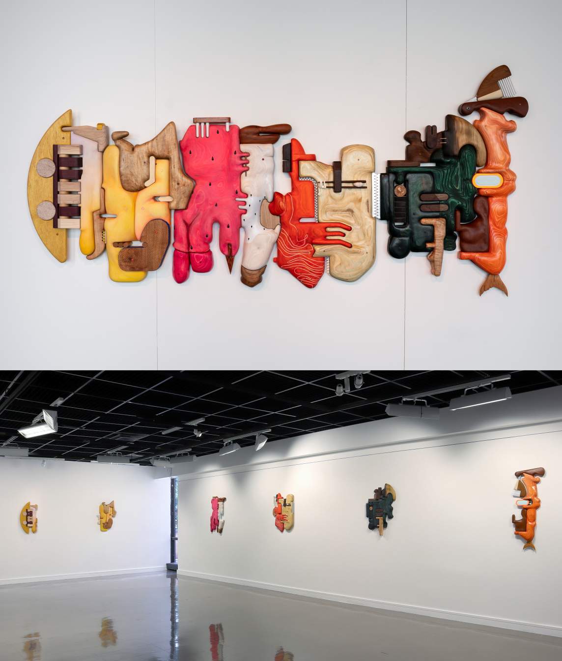 Grocery Landscape is a colorful abstract wall sculpture composed of interconnected, irregularly shaped wooden forms in yellow, pink, red, beige, green, and brown tones, with utilitarian styled accents of metal. In the top image, the components are nested together to make one form. In the lower photo, they are spread out along two white walls, showing they are separate objects.