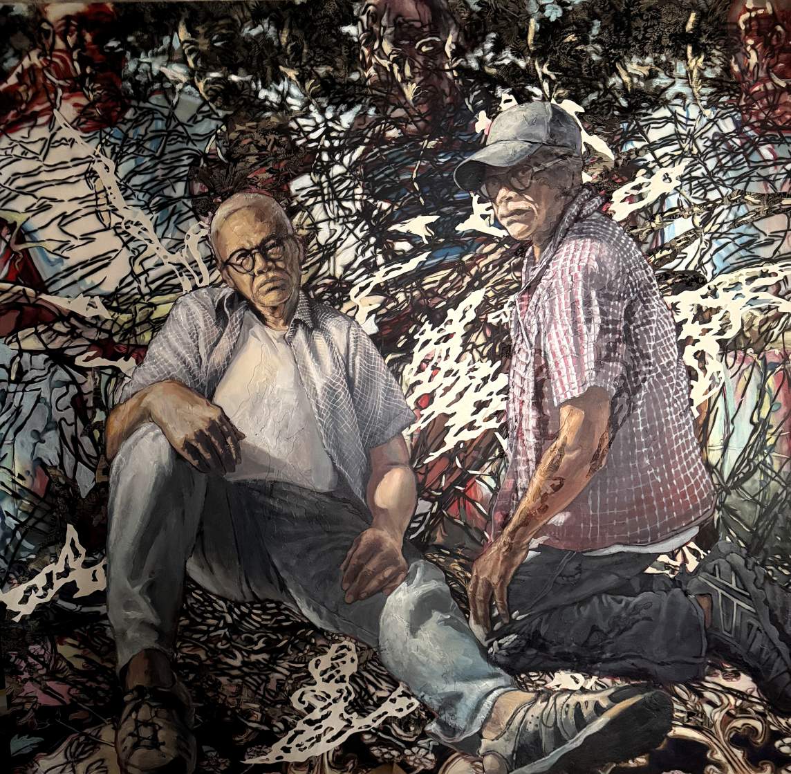Two Black men look steadily out at us in this nearly square painting. Both show the artist wearing short-sleeved button-down shirts but in different patterns, jeans, and sneakers. One sits with a leg extended, and the other kneels and looks over his shoulder at us. At first glance, the background appears to be abstract squiggles and zigzags, but slowly the forms of faces and bodies emerge.