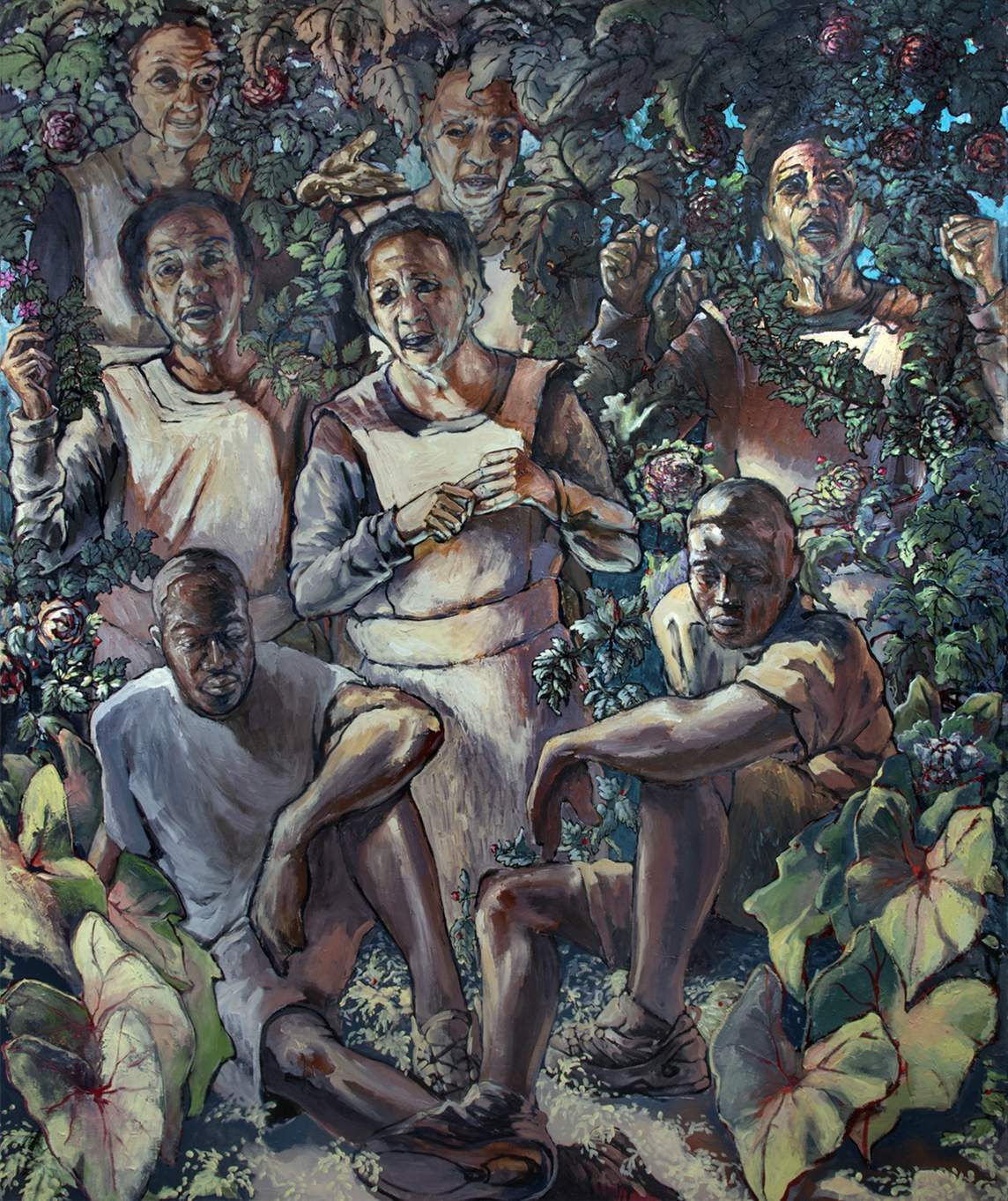 This painting titled Sylvia depicts 5 views of a Black woman standing and 2 Black men seated with an elbow on knee among dense foliage and flowers, with varied facial expressions and gestures, in a detailed, painterly style.