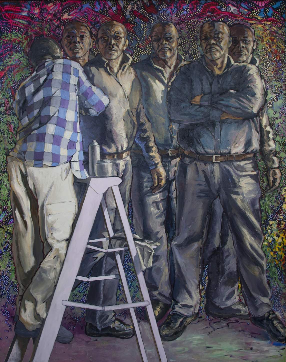 Bear Witness depicts a man on a ladder paints five identical figures of a Black man standing in a row with various gestures and expressions, set against a colorful, patterned background in a detailed, painterly style.