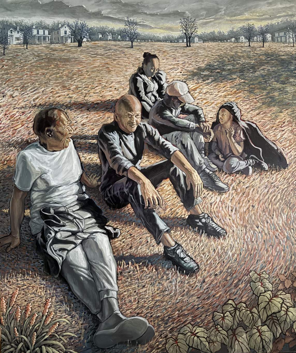 Five people sit in a field enclosed along the distant horizon with white houses and ash-gray trees. The people smile or talk in pairs except one woman, at the back, who looks down. They wear clothing mostly in shades of white, gray, and black. Only a sliver of silvery clouds or mountains along a watery yellow sky is visible along the high horizon.