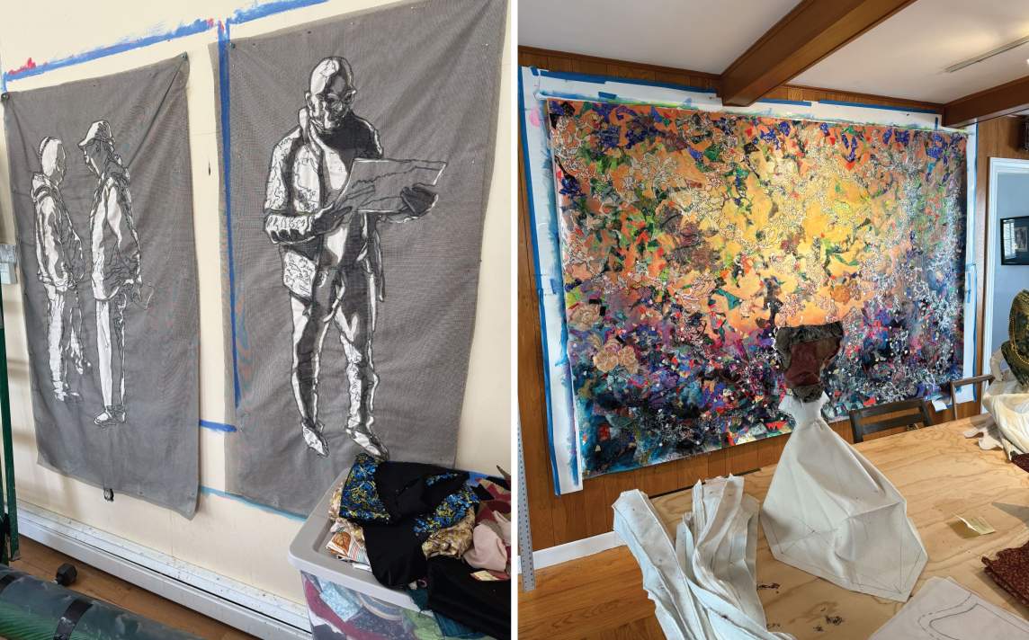 The first of two studio snapshots shows two pieces of gray cloth hung on a wall with tacks. Two people are painted with black and white to the left, and in the second, a solitary person is further shaded with gray. In the second snapshot, a piece taped to a wood-paneled wall is covered with tiny fields of vivid color with golden yellows at the center and jewel-toned blues and purples along the bottom.