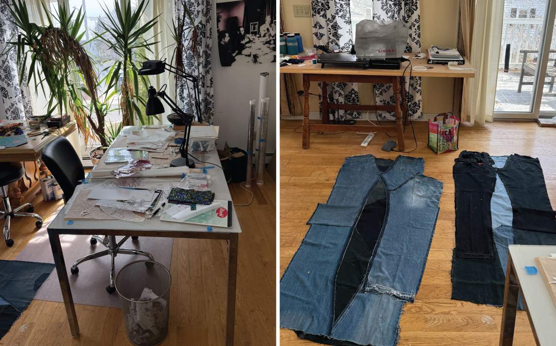 In the first of two snapshots, a work table is piled with papers, plastic baggies, and other material. In the next image, pieces of denim are laid out on a wood floor. Pockets indicate that they were probably put together from pairs of jeans.
