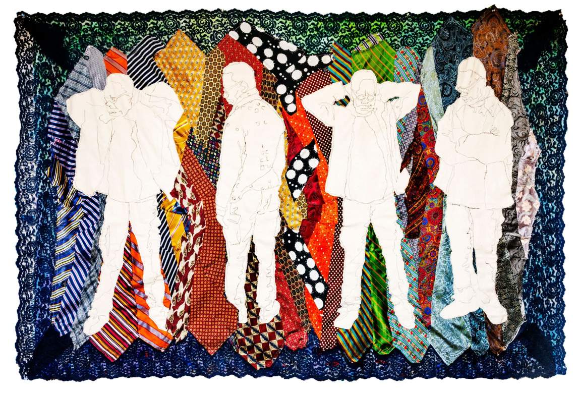 Four people, probably one person repeated 4 times, are cut out of white cloth with their features and clothing indicated with black stitching like drawn lines. They are affixed to a surface of interlocking, patterned ties. The outer edges of the horizontally oriented, rectangular composition are edged with black lace.